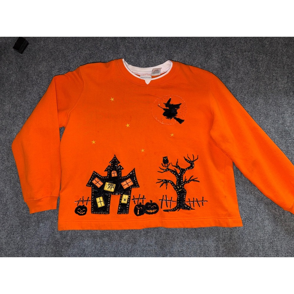 White Stag Vintage Halloween Sweatshirt Beaded Haunted House Orange Large 12/14